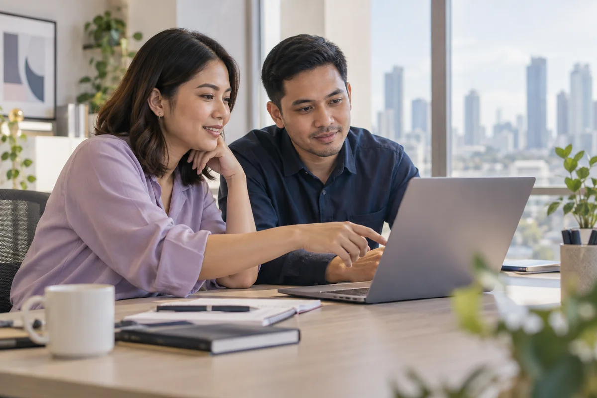 Two HR professionals reviewing software together on a laptop