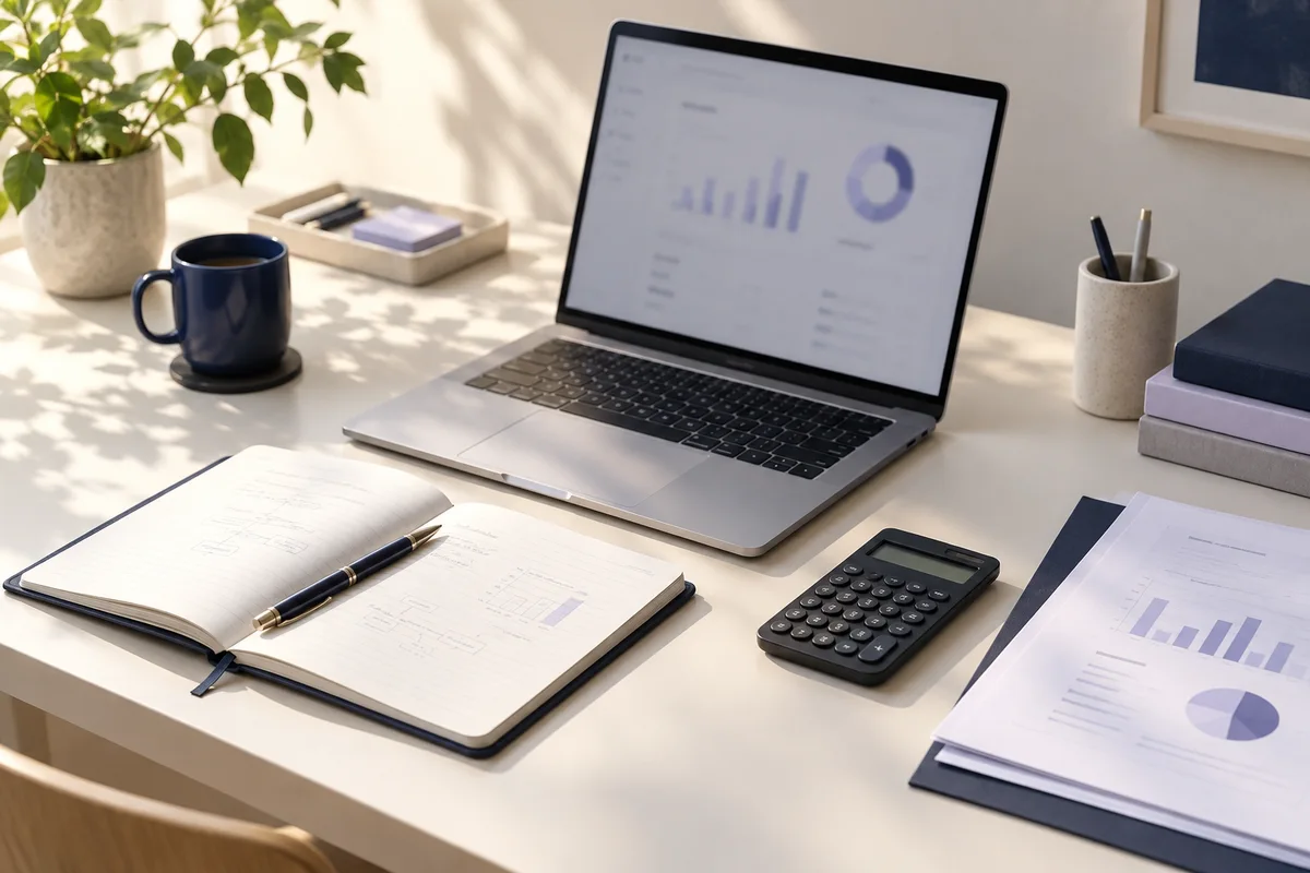 Laptop, calculator and notebook arranged for comparing HR software costs