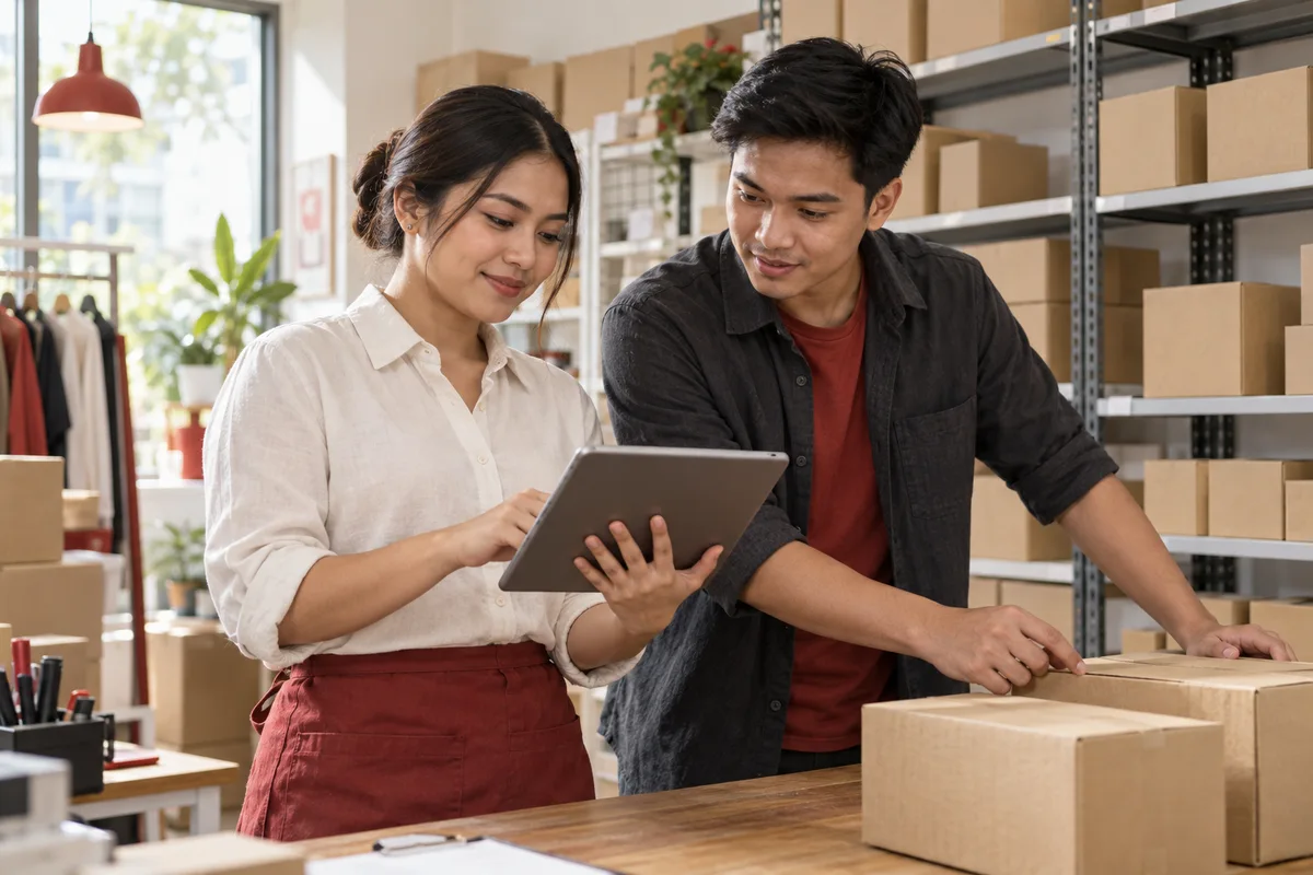 Illustration of two retail operations colleagues coordinating work with a tablet