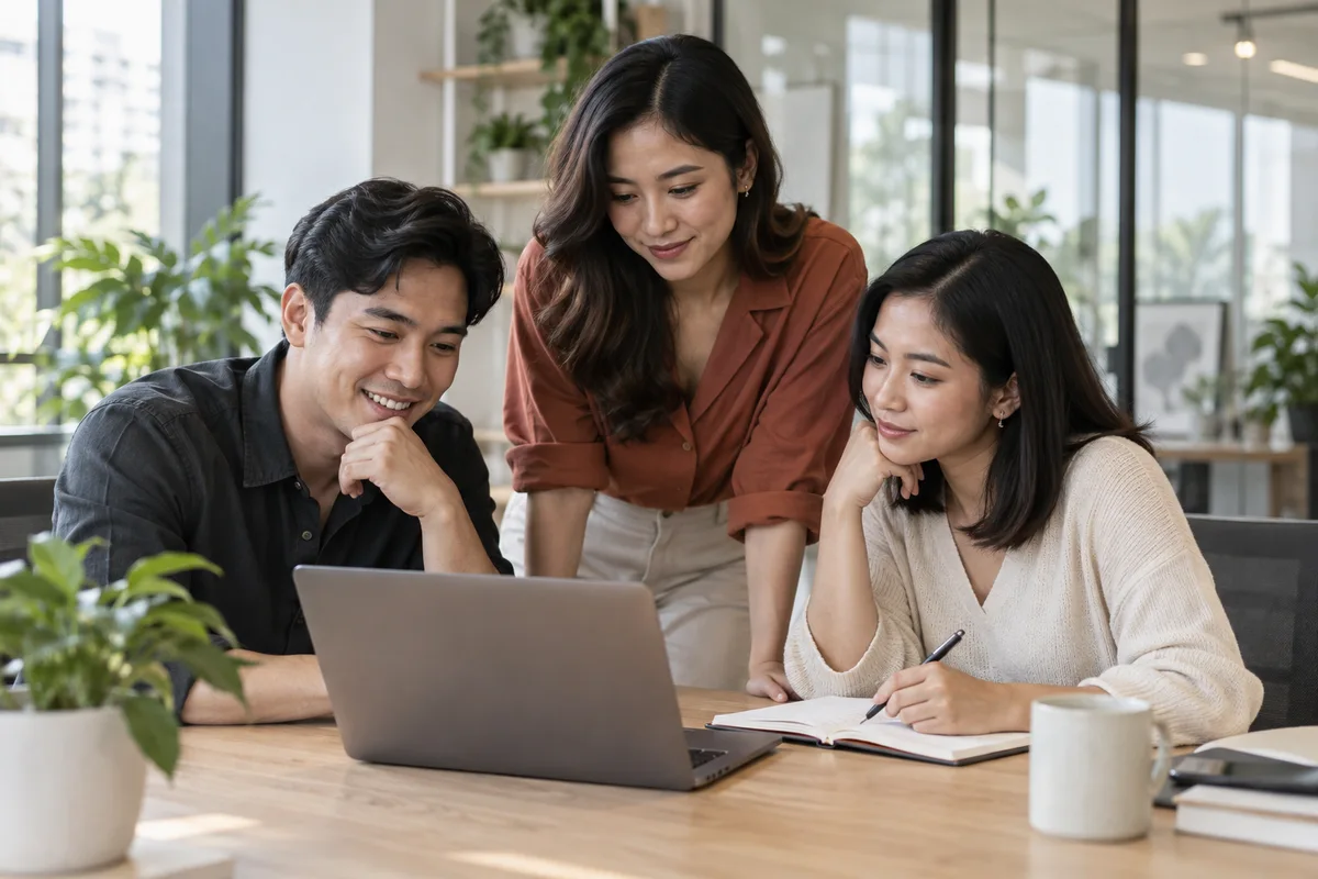 Illustration of Filipino colleagues reviewing work together in a bright office