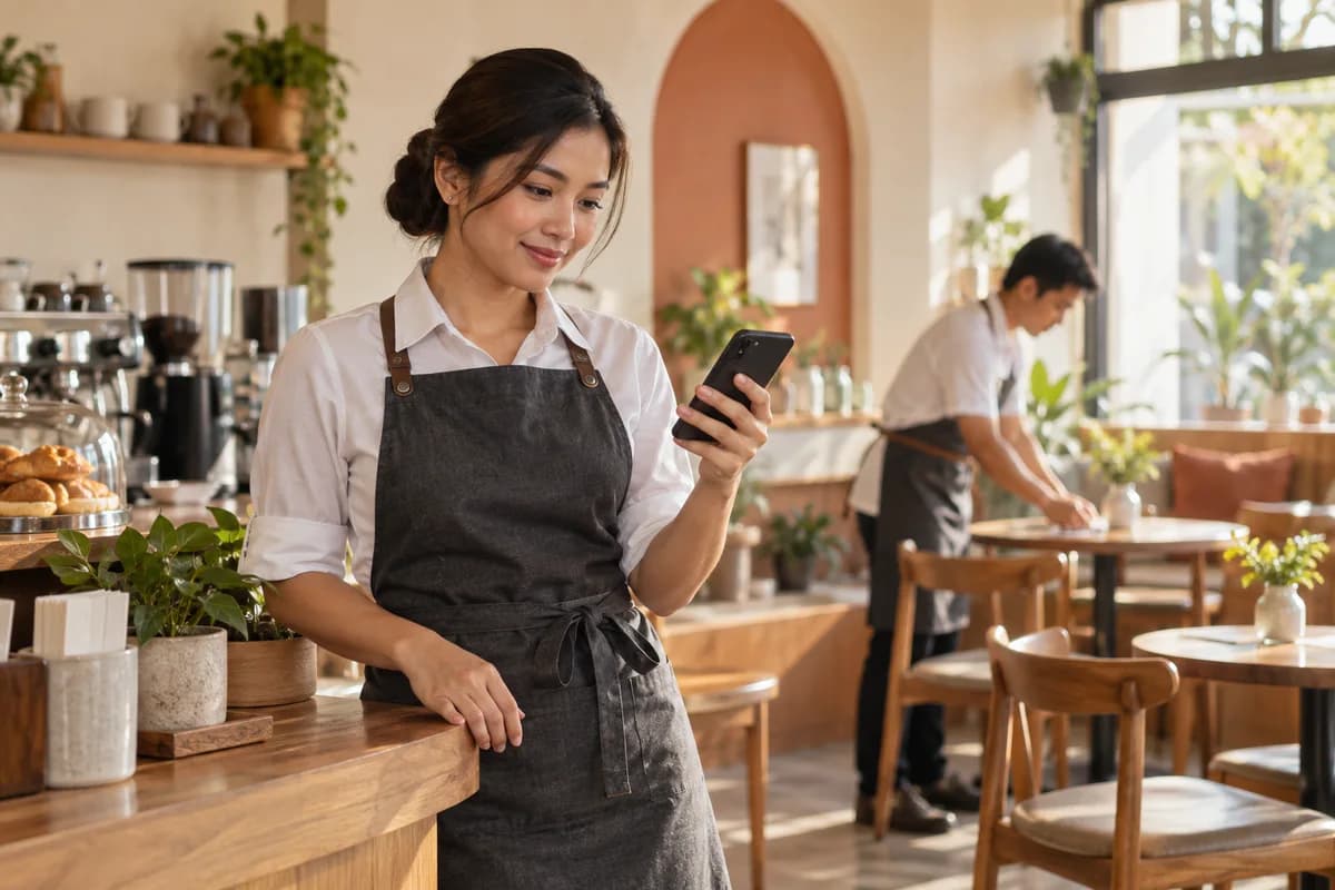 Illustration of a cafe supervisor checking a phone before the working day