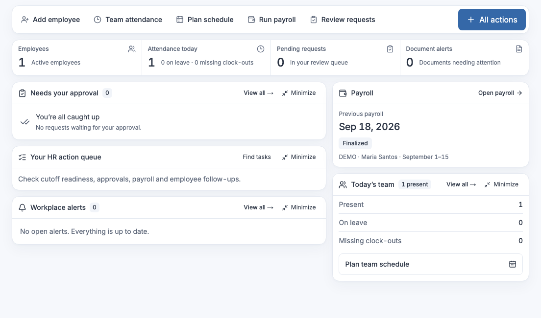 Actual ElevenOS HR dashboard with sample employee, attendance and approval records