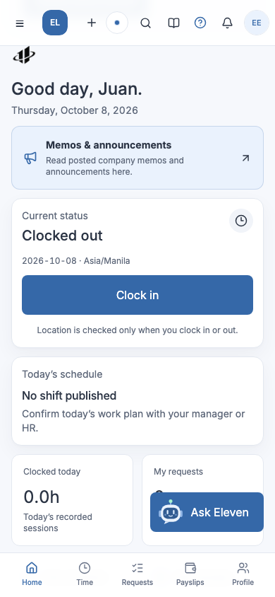 ElevenOS employee attendance screen with fictional sample data