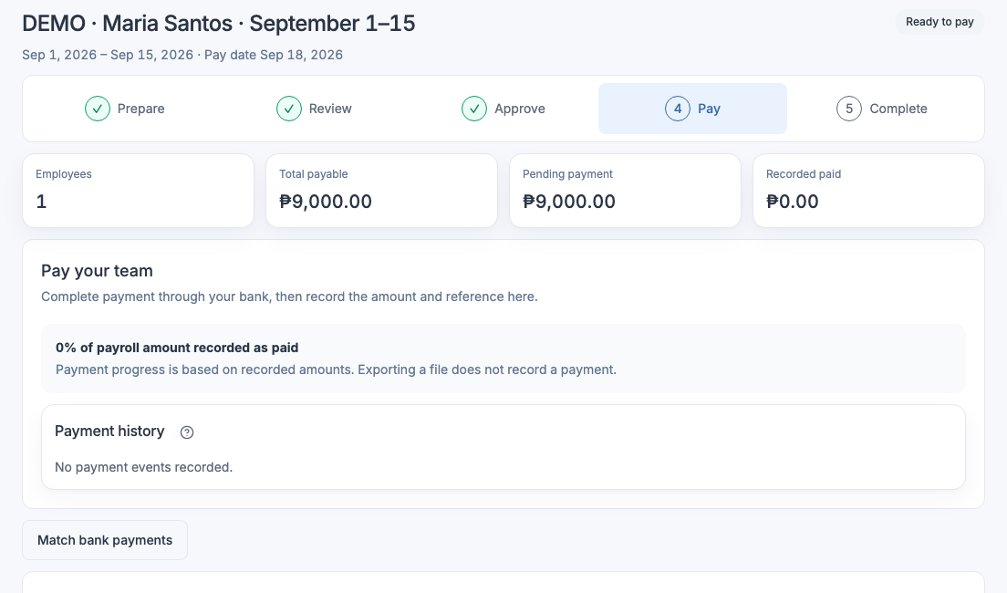 Actual ElevenOS payroll workspace using fictional sample records